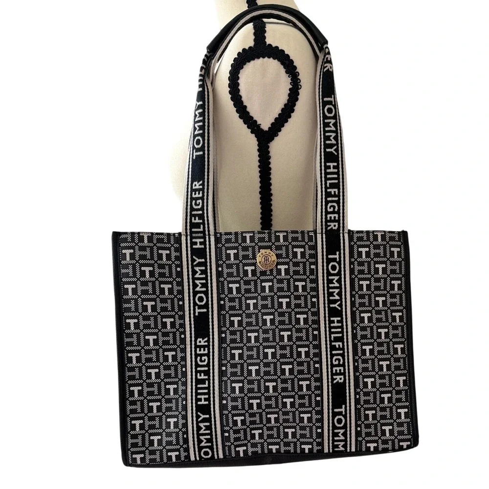 Tommy Hilfiger Monogram Jacquard Tote Bag Navy White Logo Strap Shoulder Bag